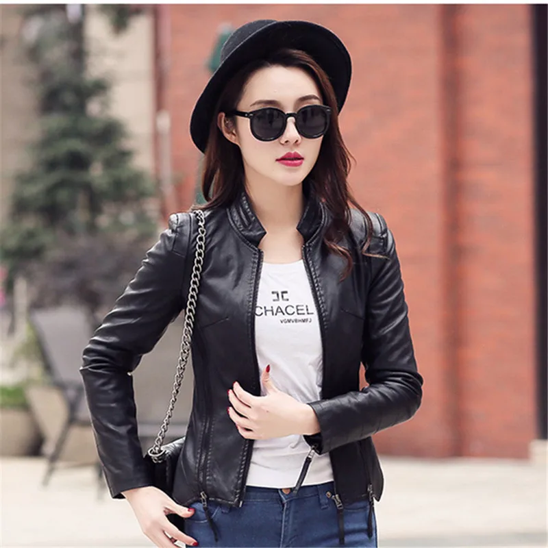 

Stand Collar Women Jackets Fashion Autumn PU Motorcycle Long Sleeves Women Basic Coats Black Grey