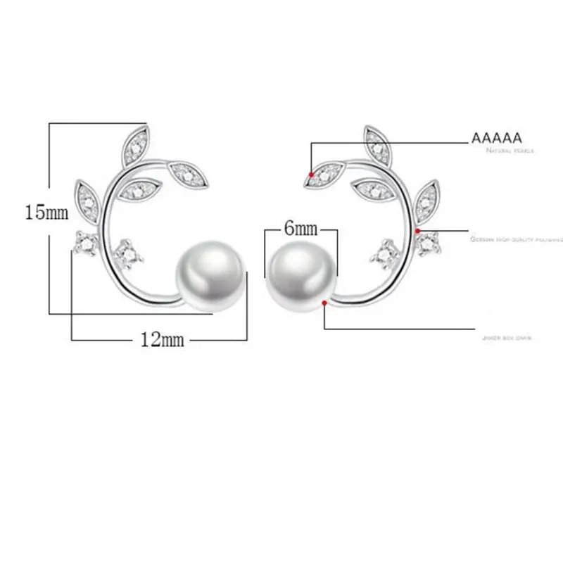 Anenjery Новые Простые Модные 925 пробы серебряные циркониевые цветочные жемчужные листья дерева серьги-гвоздики для женщин S-E261