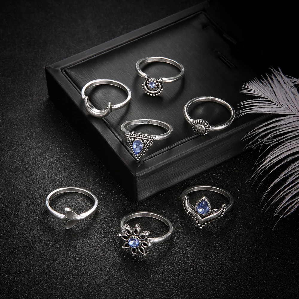 5 PCS/Set Bohemia Sun Moon Lotus Crown Rings Sets Flower Mermaid RhineStone Antique Silver Knuckle Rings for Women Jewelry