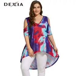 Dexia Для женщин с открытыми плечами футболка Летняя v-образным вырезом печати футболки трикотажные Повседневное футболка половина рукава