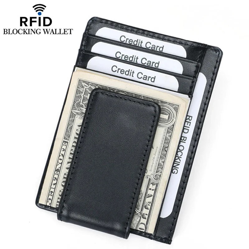 

Rfid Cow Genuine Leather Money Clip Wallets Magnetic Money Holder Cash Clamp Male Purse Rfid Wallet Men