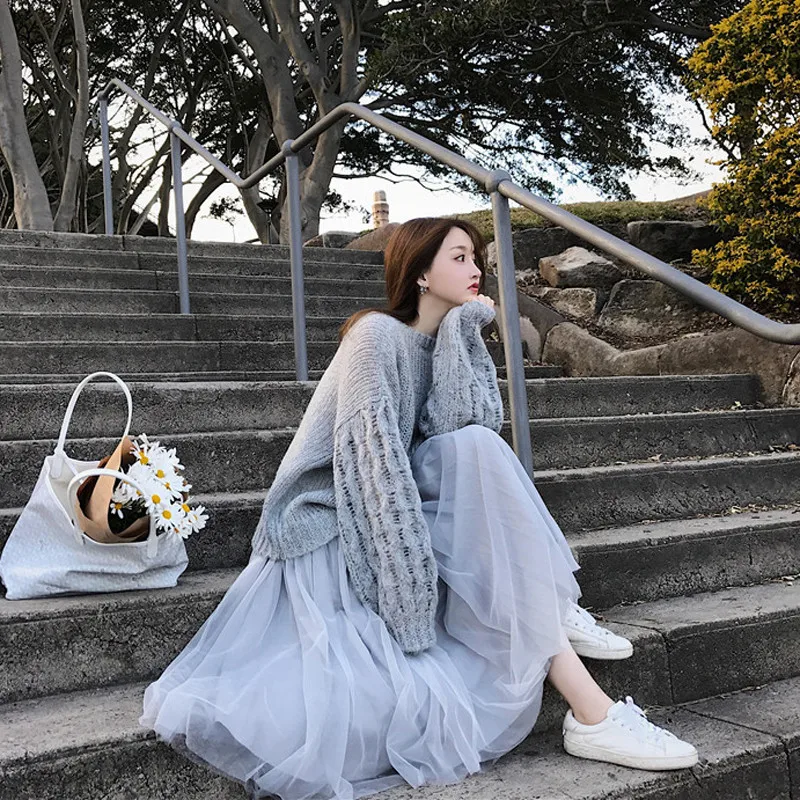 

Women Fashion Vestidos Two Pieces Retro Long Sleeve Sweater&elastic Waist Mesh Dress Suits Sweet 2PC Sets Fairy Tutu Skirt Sets
