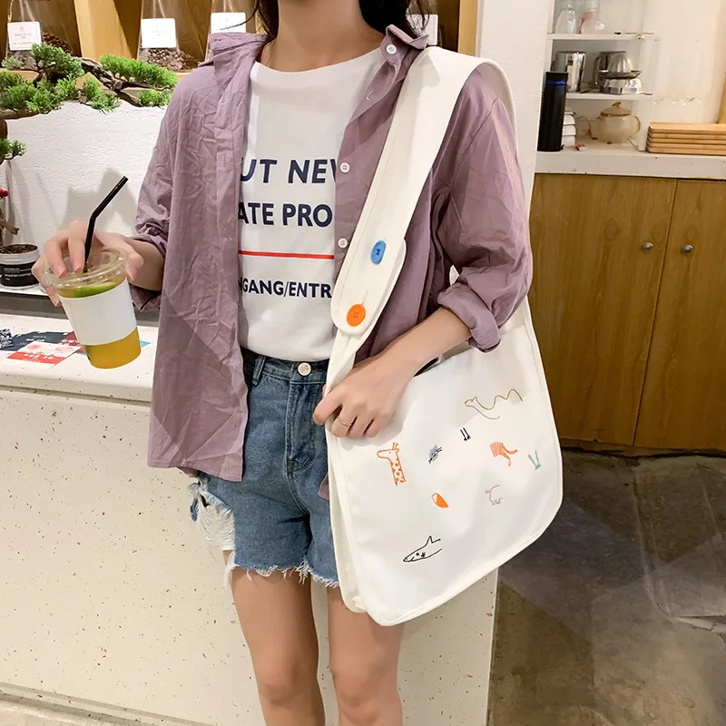 

Fashion Simple Embroidery Animals Hasp Women Canvas Messenger Bags 2019 New Arrival Female Casual Classic Handbags Shoulder Bags