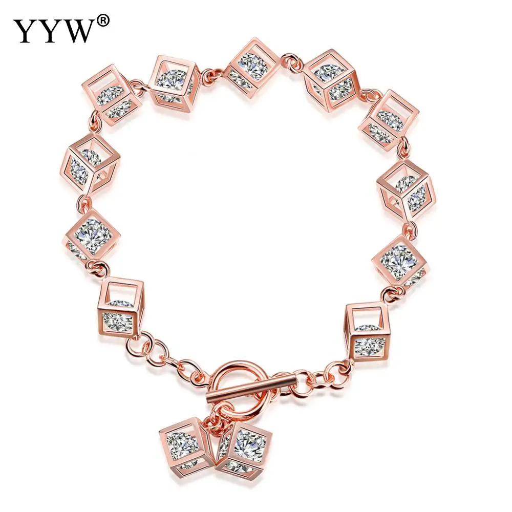 

Luxury Rose Gold Color Chain Link Bracelet for Women Shining Cubic Zircon Box Charm Crystal Bracelet 925 Sterling Silver Jewelry