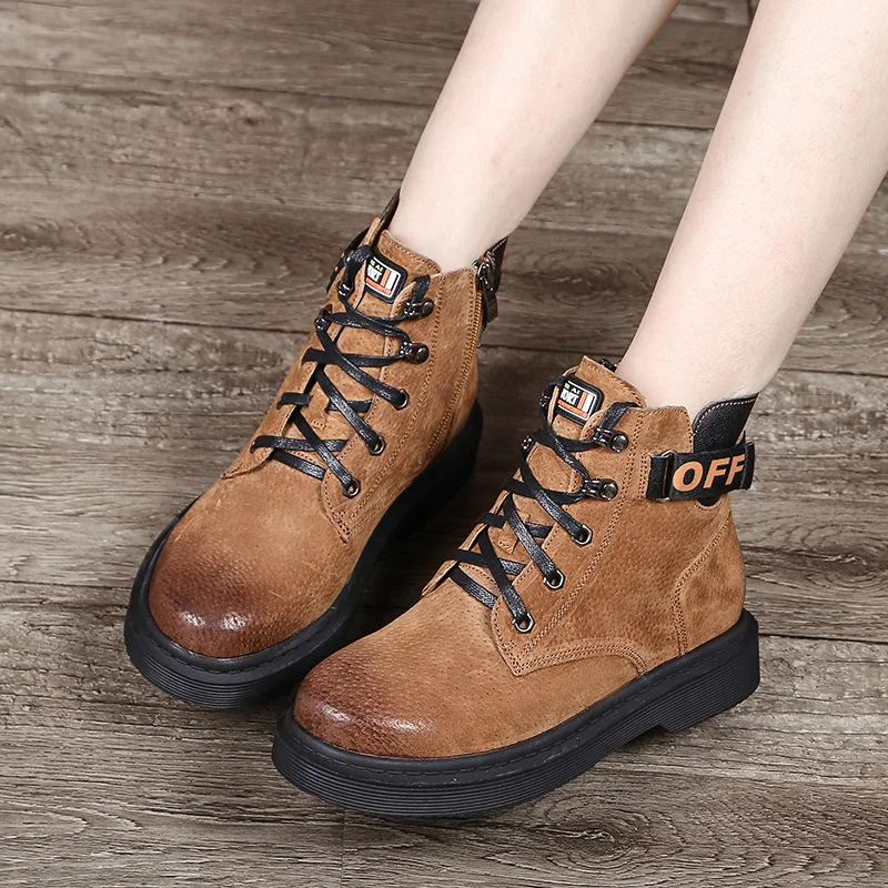 

Women Genuine Leather Martin Boots Autumn Shoes For Women Low Heels Lace Up Leather Ankle Boots Women Black Buckle Fashion Shoes