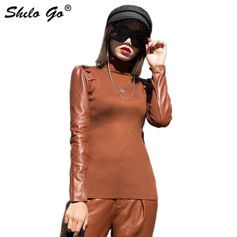 

Streetwear Leather Blouses Women Casual Trutleneck Knitted Spliced Long Sleeve Sheepskin Genuine Leather Shirts Female Tops