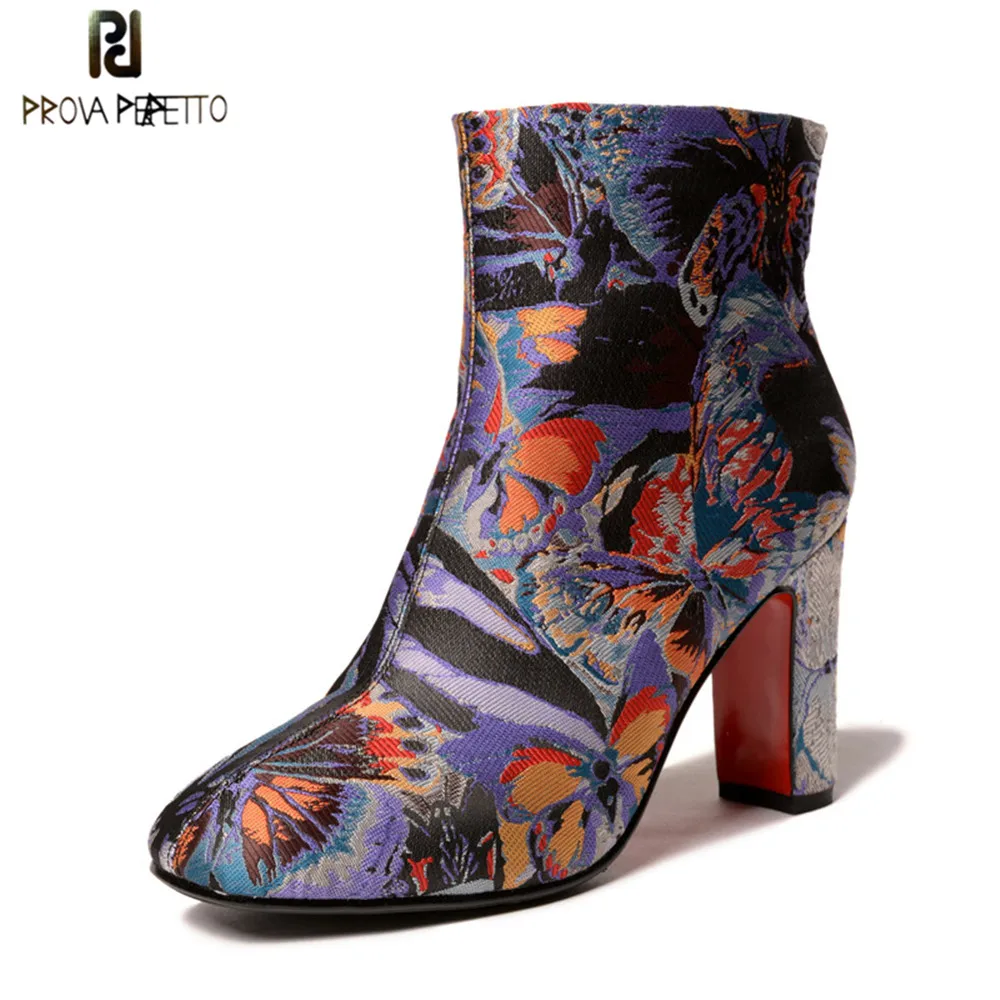 

Prova Perfetto 2018 Latest Fashion Shoes Autumn Winter Embroider Boots Women High Heel Ankle Boots Retro Short Boots Mujer Shoes