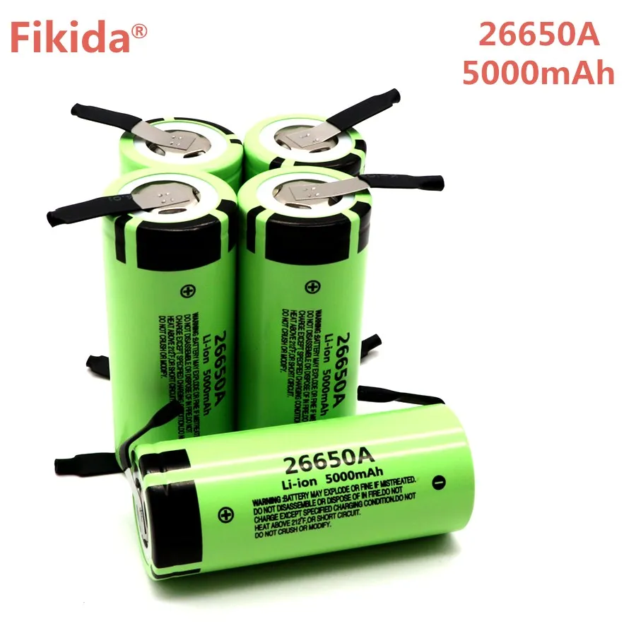 Fikida 26650 аккумуляторная батарея 26650A литиевая батарея 3,7 V 5000mAh 26650-50A подходит для фонарика+ DIY никель