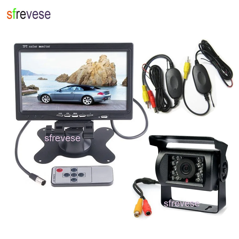 

7" LCD Monitor Car Rear View Kit + Waterproof 18 IR LED Wireless Reversing Backup Camera for bus Truck Free Shipping