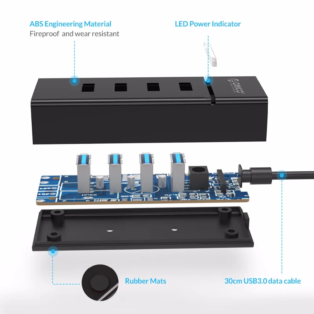 ORICO usb-хаб, мульти USB 3,0, концентратор, высокая скорость, 5 Гбит/с, 4 порта, разветвитель, 30 см, микро кабель, несколько USB портов, расширитель для ПК, компьютера