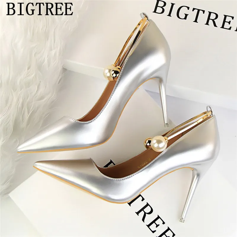 

pointed toe high heels pearl elegant shoes patent leather bigtree shoes wedding heels pumps women shoes fetish high heels buty