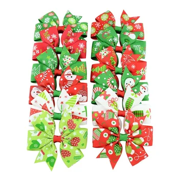 

12pcs 8cm Christmas Print Snowman bow Grosgrain Ribbon Hair Bows Clip Children Hair Accessories Baby Solid Hairclips For Girl