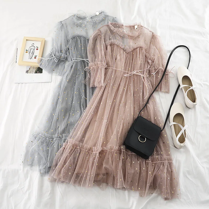 

Women Summer Flare Sleeve Tulle Ruffle Dress Casual Lace Up Bandage Elastic Slim High Waist Sequined Mesh Gauze Voile Cake Dress