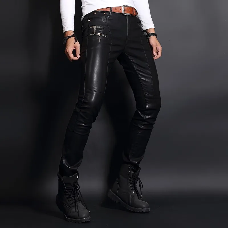 Лидирующий бренд, корейский стиль, облегающие мужские брюки из искусственной овечьей кожи, обтягивающие мужские брюки в стиле панк, модные длинные брюки на молнии