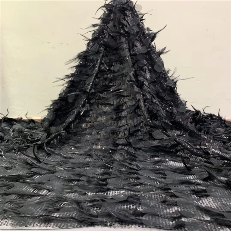 

Tollola Newest Black Feather African Mesh Lace Fabric With Sequins High Quality Guipure Lace French Net Fabric For Party Dress