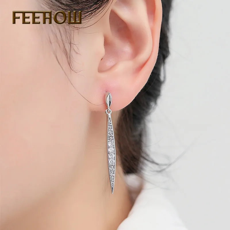 Женские длинные висячие сережки FEEHOW свадебные и вечерние с искусственным камнем