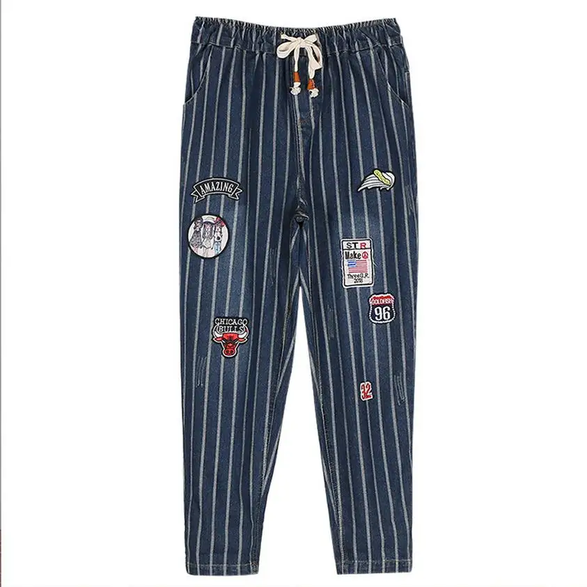 2XL-6XL, плюс размер, весна, новая Корейская версия, полосатые хлопковые джинсы, женские, свободные, длина по щиколотку, тонкие, широкие штаны wj374