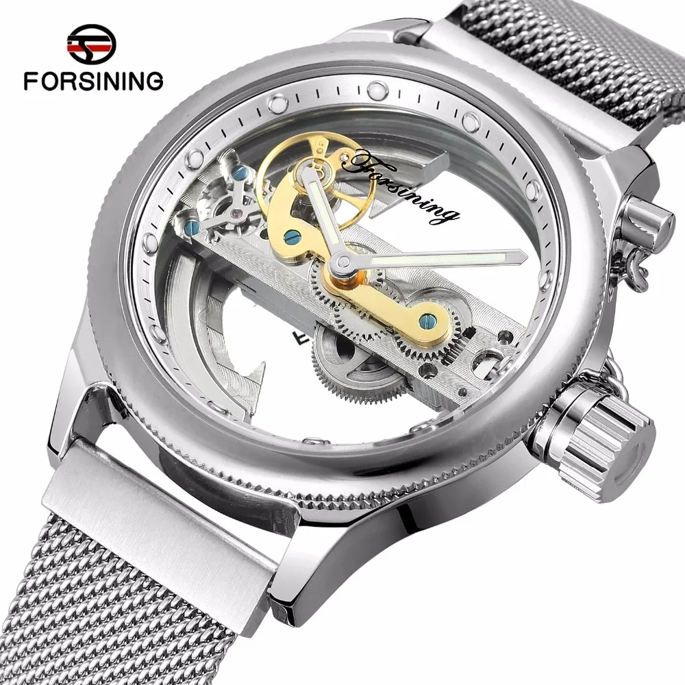 

Forsining Casual Watch Men's Mechanical Watch Top Brand Luxury Waterproof Skeleton Watches Silver Mesh Stainless Steel Band