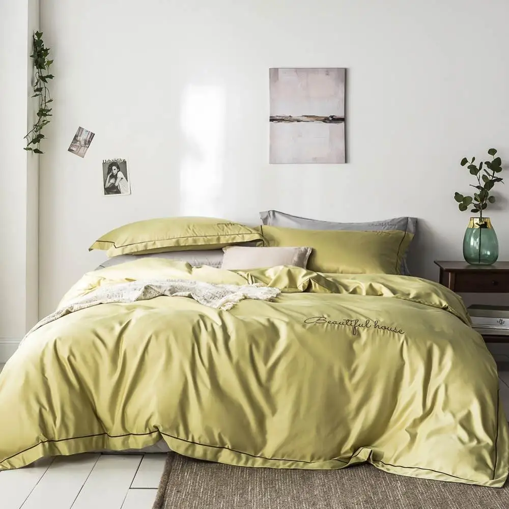 

2019 Nordic Mustard Yellow Solid Embroidery Bedlinens Artificial Silk Satin Duvet Cover Set Queen King Bedsheet Bedding Set