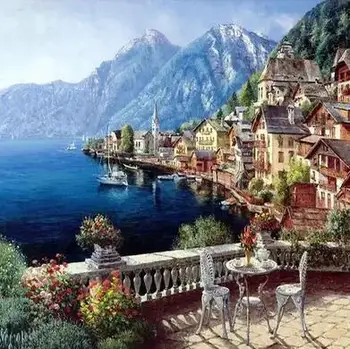 

European 3D Mountain Seabeach Landsca Wall Painting Scenery Riverside Cottage living Room Sofa TV background Wallpaper Mural