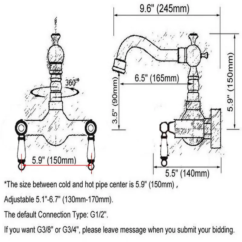 Retro Red Copper Antique Brass Wall Mount Kitchen Wet Bar Bathroom Tub Vessel Sink Faucet Water Tap Dual Ceramic handle arg035