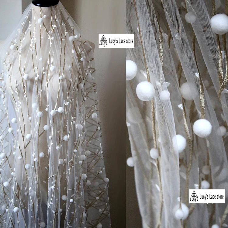 

1 Yard Light gold tulle embroidered 3d lace fabric good quality for sewing girls dresses 2017 NEW design!