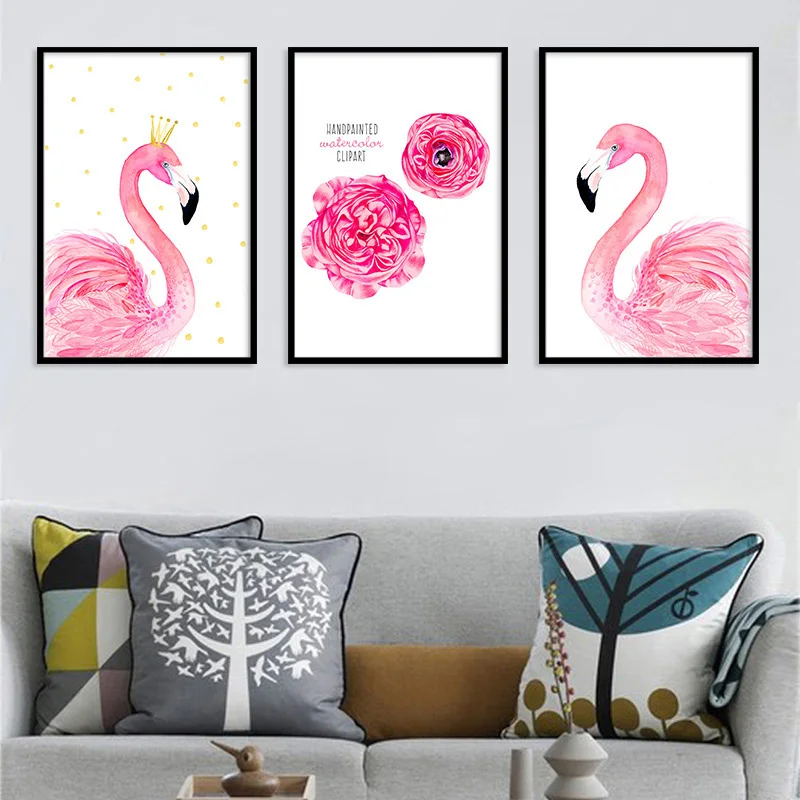 

HD Prints Pictures Painting Decoration Poster Wall Art Canvas Pink Flamingos Flowers Nordic Watercolor Style Kids Girl'S Room