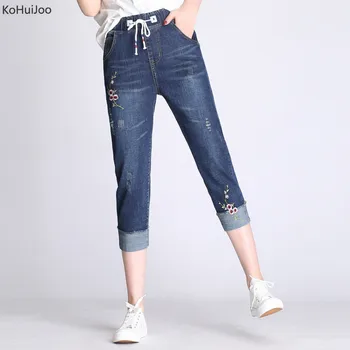 

KoHuiJoo Summer Stretch Denim Capris for Women Elastic Waist Roll up Plus Size Floral Embroidery Harem Jeans Pants Female