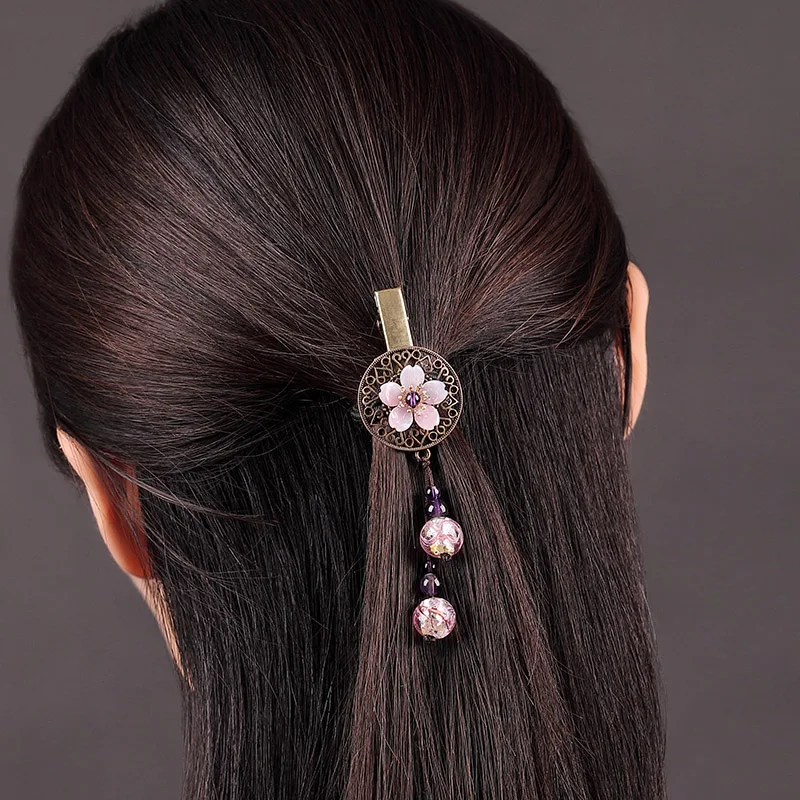 

Acetate Flower Barrettes Hair Clip Jewelry Bronze alloy Hairpin Tassel Ancient Hair Accessory Chinese Ethnic Head Ornaments