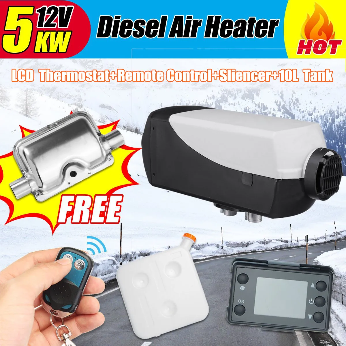 

12V 5000W LCD Monitor Air diesels Fuel Heater Single Hole With Remote And Silencer 10L Tank 5KW For Trucks Boats Bus Car Heater