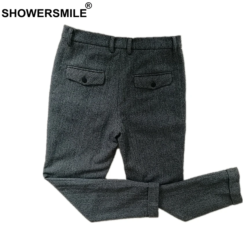 SHOWERSMILE, серые шерстяные брюки, мужские твидовые брюки в елочку, облегающие плотные зимние брюки, винтажная одежда в британском стиле