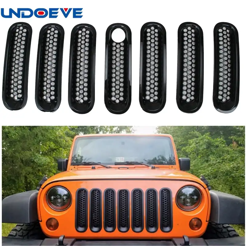 JeCar Front Grille Inserts Honeycomb Mesh Grille Inserts Kit with Key Hole Lock for 2007-2017 Jeep Wrangler JK Rubicon X JKU Sports Sahara 2//4 door Black