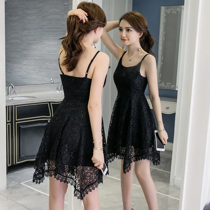 2018 New Hollow out lace dress women elegant spaghetti strap white lace sling dress vintage sleeveless black crochet dresses