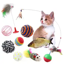 2018 Cat Toys10 шт игрушки кошки Set перо Cat игрушки мыши животных игрушки для котенка включает кошачья мята игрушка сизаля мыши царапины мяч тизер