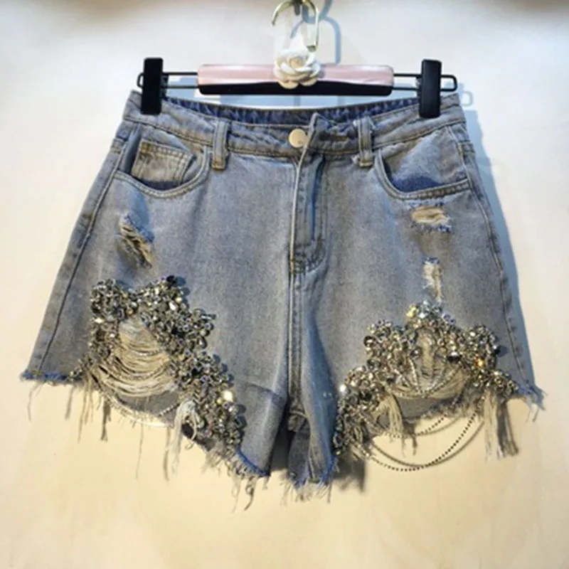 

2019 summer new sequined women shorts denim chain metal hole night club sexy short jeans female outwear bottomings