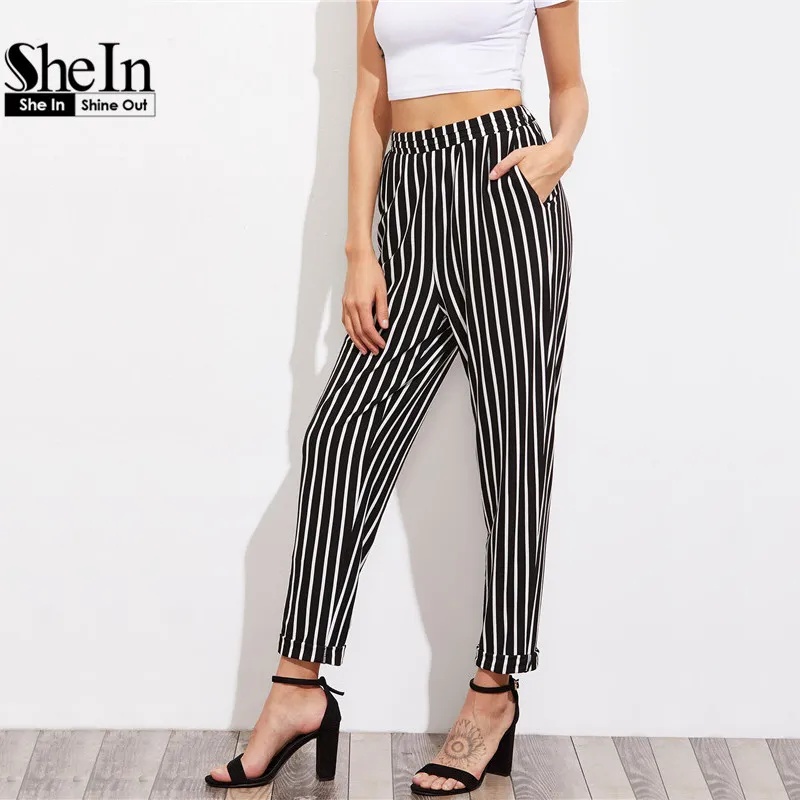 SheIn Pleated Waistband Pinstripe Peg Pants With Hidden Pocket High