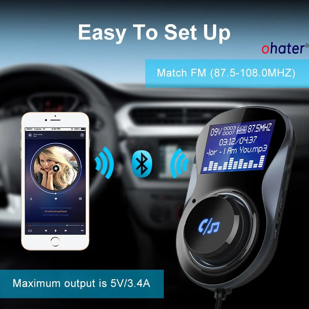 Ohater fm-трансмиттер Bluetooth fm-трансмиттер MP3 плеер Автозвук комплект громкой связи с TF слот для карт и usb зарядки