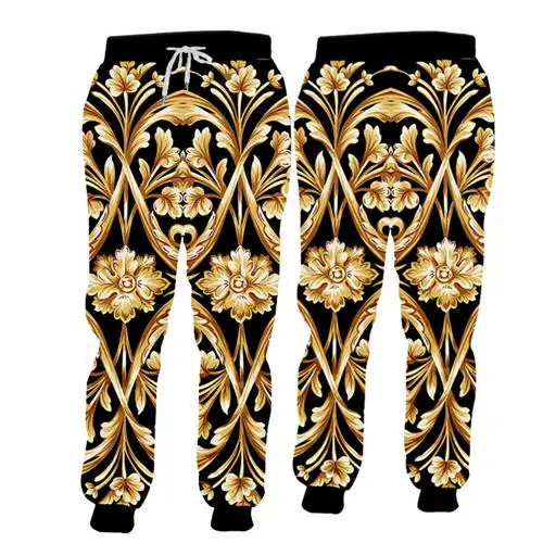 Новинка, брендовый мужской комплект, куртка на молнии в стиле барокко+ штаны для бега, комплект из 2 предметов, роскошный спортивный костюм унисекс с 3D принтом Королевского цветка - Цвет: gold floral pants