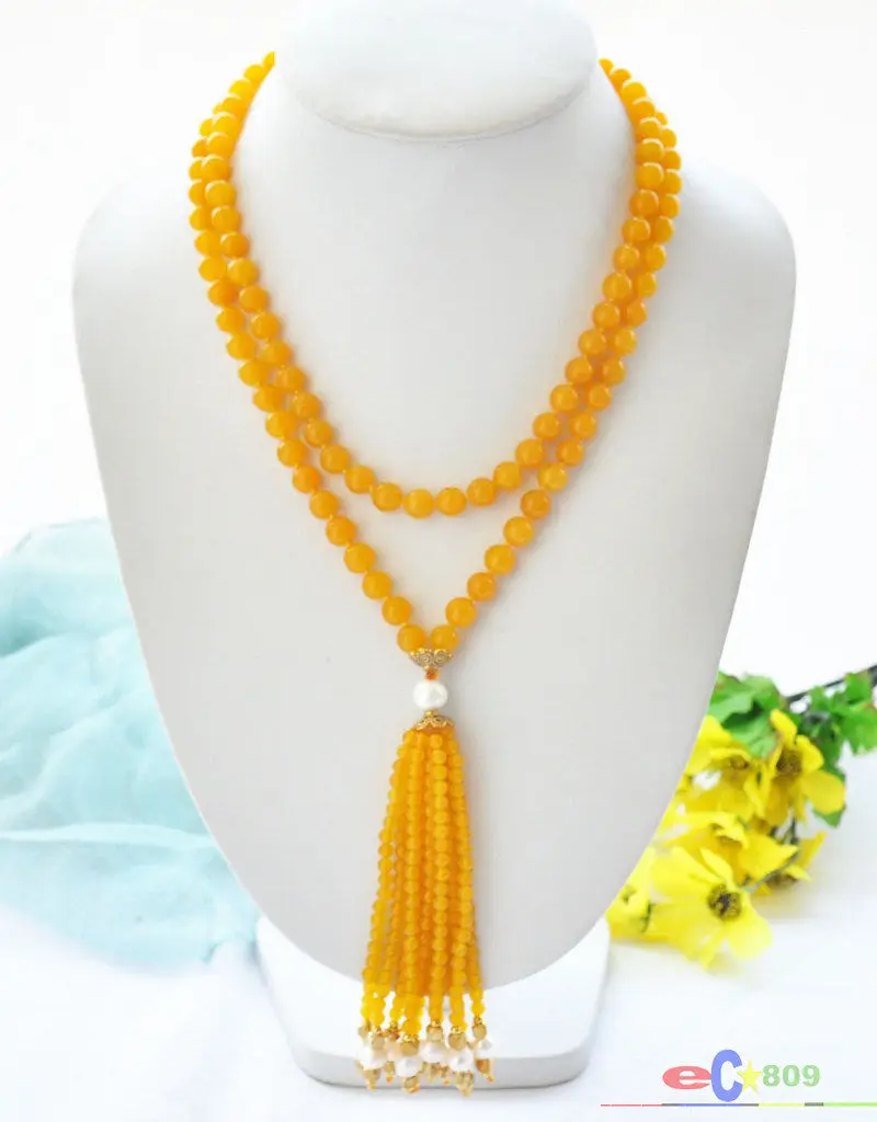 

wholesale 40" 8mm yellow jade bead white round pearl necklace