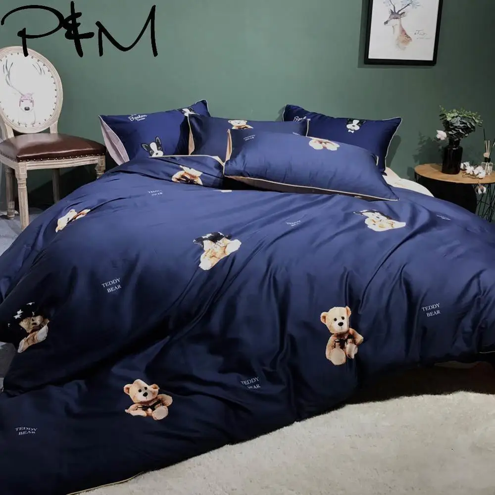 

Papa&Mima Cute bear print Egyptian cotton Queen King size Luxurious bedding set duvet cover flat sheet pillowcases