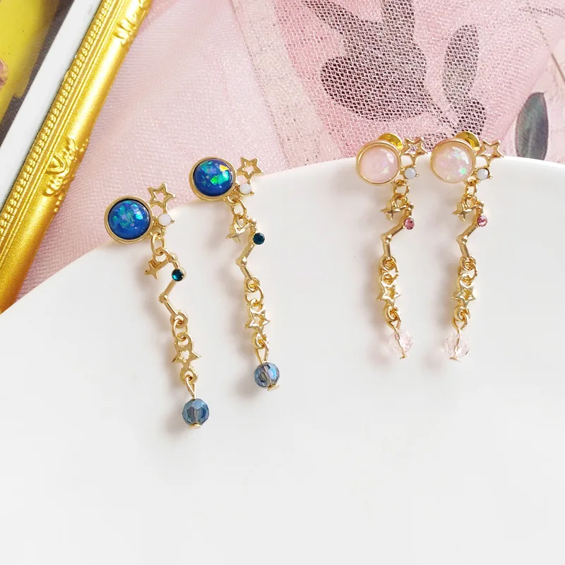 

Japanese Big Dipper Stars Clip On Earrings Cute Blue Planet Stone Clip Earrings No Pierced Ears for Girls Student