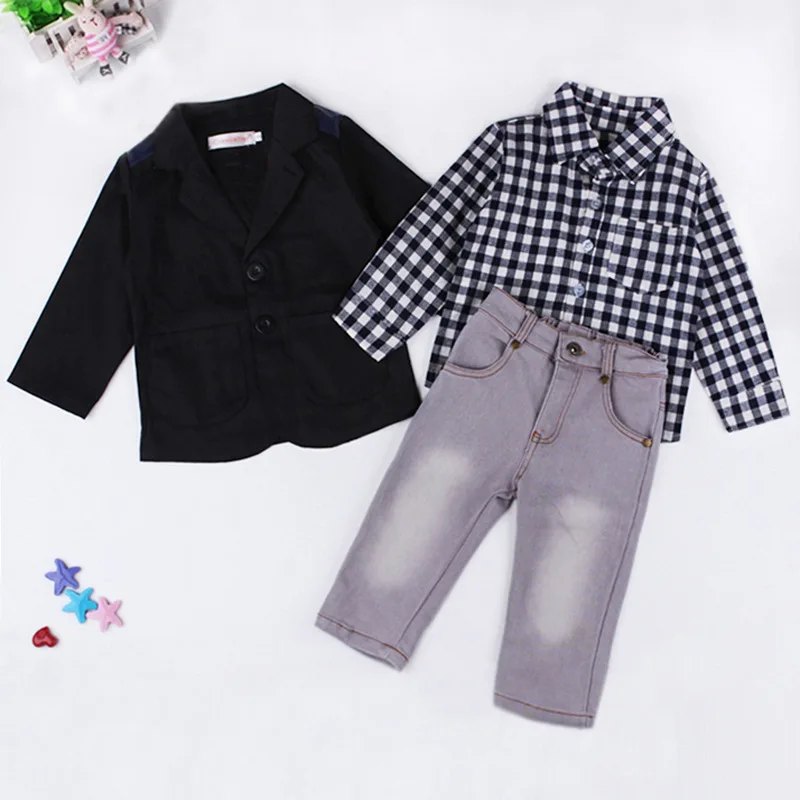 Denim Pants Set Kids Clothes Outfits Shirt 3Pcs Toddler Baby Boys Dress Coat