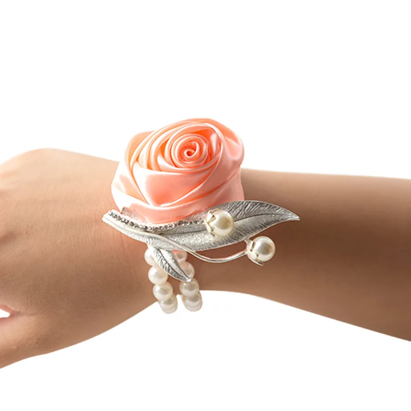 

Artificial Rose Wrist Corsage Bracelet Silk Rose Flower Bridesmaid Hand Flowers with Pearl Wedding Party Decoration