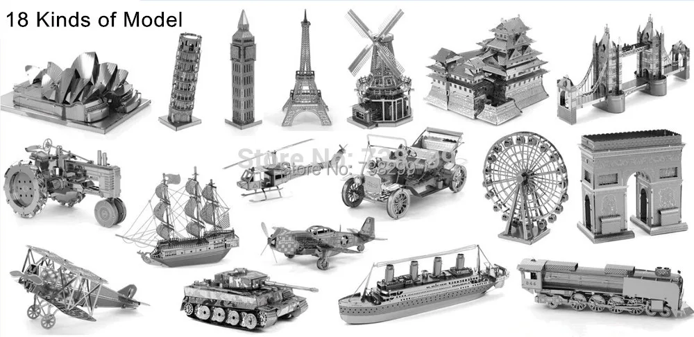 18pcs Miniature 3D Metal Puzzle Model Building Kits Educational Toy 3D Solid Jigsaw Puzzle Scale Model
