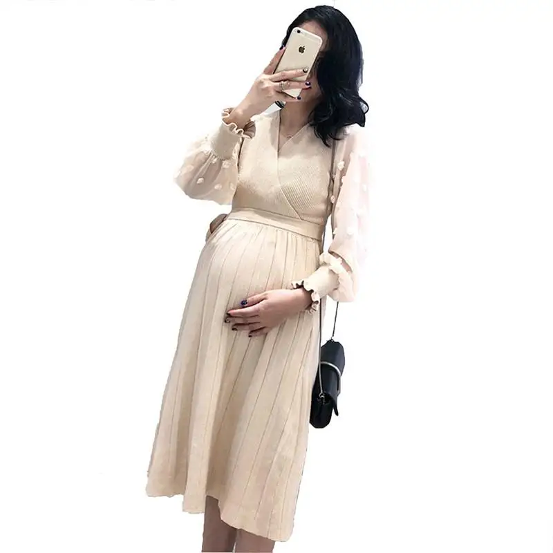 

2019 Maternity Clothing Elegant Ruched Knitted Nursing Dress Pregnant Women V-neck Breast Feeding Casual Pregnancy Vestido Q844