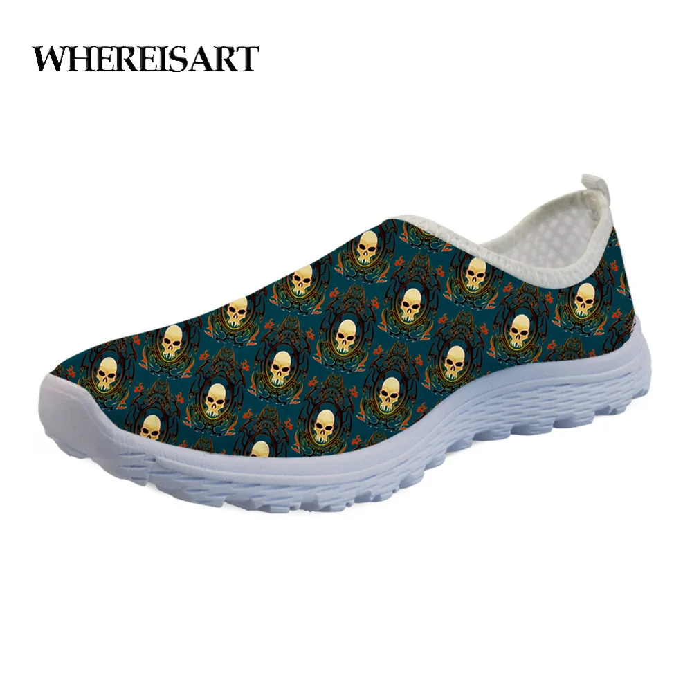

WHEREISART Cool Gothic Skull Prints Summer Women's Shoes Light Flats Comfortable Sneakers Casual Slip-on Shoes Air Mesh Loafers