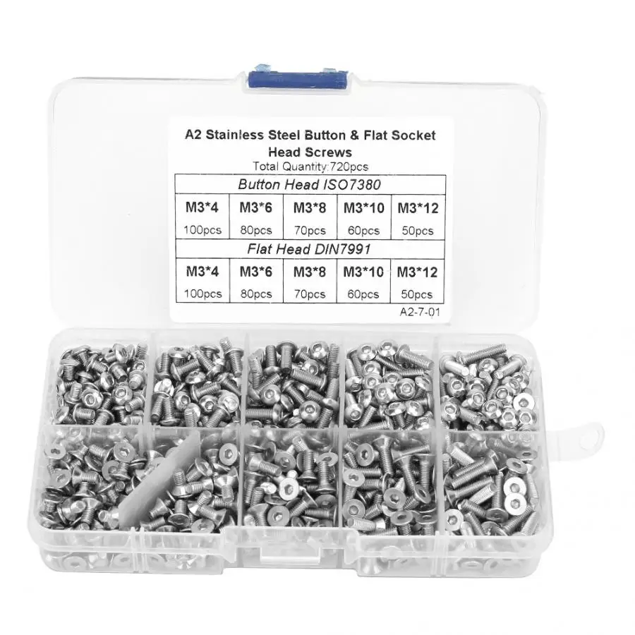 

Screw Nut 720pcs M3 Stainless Steel Button Flat Head Hex Socket Bolts Assortment Kit Stainless Self Tapping Screws