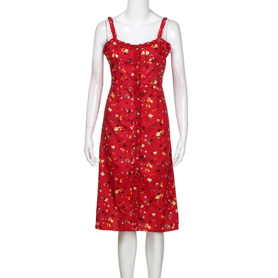 Новое Элегантное Цветочное платье на бретельках, популярное платье с глубоким v-образным вырезом, шикарное платье на пуговицах, уличная одежда, красное платье миди с открытой спиной для женщин