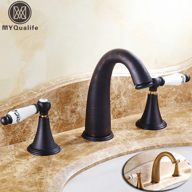Antique Bronze Widespread Bathroom Basin Faucet Dual Handle 3 Holes Antique Bronze Widespread Bathroom Basin Faucet Dual Handle 3 Holes Mixer Sink Taps Deck