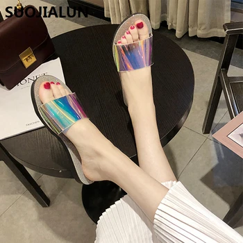 

2019 Women Summer Slippers Bling Transparent Laser Beach Slides Platform Shoes Women Beach Flip Flops Big Size 36-41